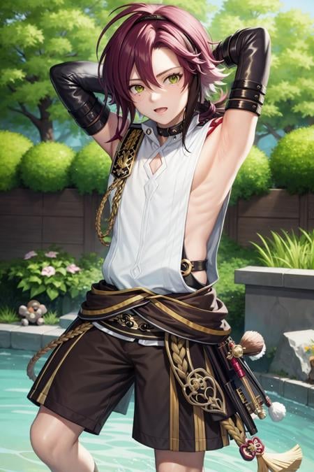 masterpiece, best quality,Shikanoin Heizou (genshin impact), 1boy, male focus, kurokote, green eyes, kote, multicolored hair, mole under eye, red hair, solo, mole, black choker, japanese armor, looking at viewer, choker, armor, streaked hair, aiguillette, sleeveless, ahoge, long hair, low ponytail,(kbxll:0.6)