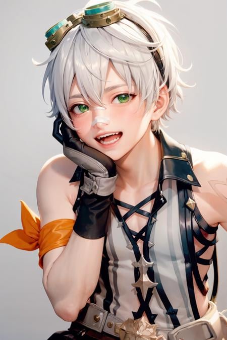 masterpiece, best quality,1boy, male focus, green eyes,black gloves, bandaid, goggles, bandaid on face, open mouth, solo, goggles on head, bandaid on nose, smile, sleeveless, white hair,  (grey background:1.4),(kbxll:0.6)