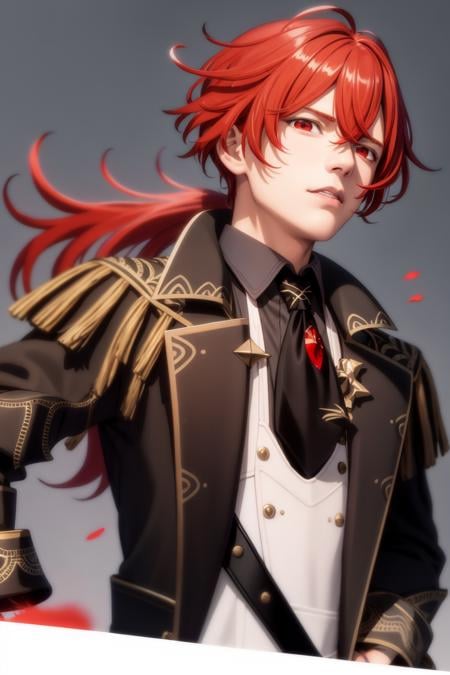 masterpiece, best quality,diluc (genshin impact), 1boy, red hair, male focus, long hair, gloves, solo, red eyes, bangs, long sleeves, looking at viewer, jacket, hair between eyes, ponytail, black gloves, black jacket, upper body, simple background,(kbxll:0.6)