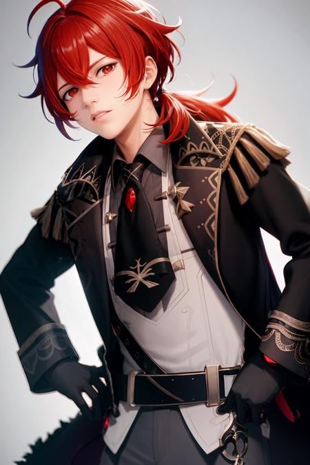 masterpiece, best quality,diluc (genshin impact), 1boy, red hair, male focus, long hair, gloves, solo, red eyes, bangs, long sleeves, looking at viewer, jacket, hair between eyes, ponytail, black gloves, black jacket,  (grey background:1.4),(kbxll:0.6)