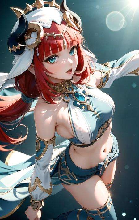 nilou \(genshin impact\), (open mouth, dancing, from above:1.2),1girl, standing, gold footwear, bangs, blush, breasts, bridal gauntlets, cape, detached sleeves, horns, jewelry, navel, parted lips, revealing clothes, sitting, solo, thighs(masterpiece, best quality, ultra-detailed), (beautiful detailed face, beautiful detailed eyes),mksks style, beautiful background, (beautiful fjord, holographic interface, lens flare, chromatic aberration:1.2),