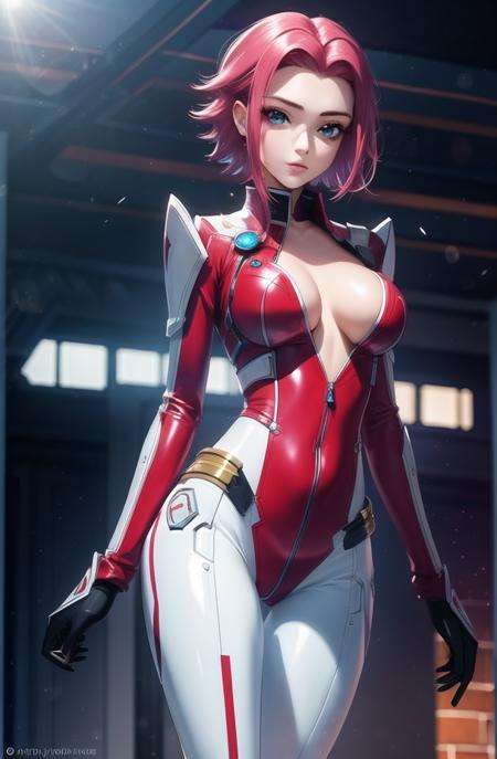 kallen pilot suit,1girl, bodysuit, breasts, cleavage, gloves, jacket, open_clothes, open_jacket, red_bodysuit, red_legwear, solo,(masterpiece, best quality, ultra-detailed), (beautiful detailed face, beautiful detailed eyes),mksks style, beautiful background, (chromatic aberration, lens flare, indoor, light particles, holographic interface:1.2)