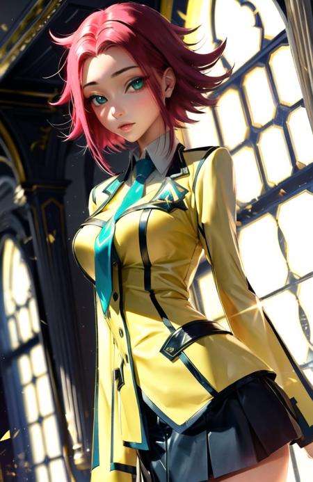 kallen school uniform, cowboy shot,1girl, (green_necktie, black skirt, yellow uniform, ashford_academy_uniform:1.3), highhighs, zettai_ryouiki,(masterpiece, best quality, ultra-detailed), (beautiful detailed face, beautiful detailed eyes),mksks style, beautiful background, (chromatic aberration, lens flare, indoor, light particles, holographic interface:1.2) 