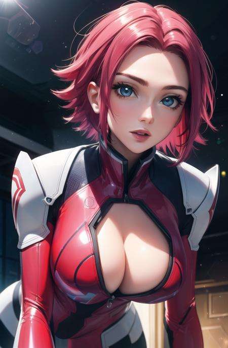 kallen pilot suit,1girl, bodysuit, breasts, cleavage, gloves, jacket, open_clothes, open_jacket, red_bodysuit, red_legwear, solo,(masterpiece, best quality, ultra-detailed), (beautiful detailed face, beautiful detailed eyes),mksks style, beautiful background, (chromatic aberration, lens flare, indoor, light particles, holographic interface:1.2)