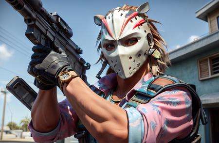 miami darryl,m4a1, rifle, trigger discipline, aiming, from side, (masterpiece, best quality, ultra-detailed, best shadow, volumetric lighting), (beautiful detailed face, beautiful detailed eyes), (best illumination),1boy, blonde hair, building, jacket, solo, mask on head, pink shirt, hawaiian shirt, bulletproof vest, floral print,outdoors,