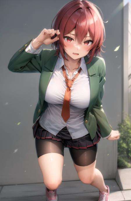 masterpiece, best quality, hdr, realistic, chromatic aberration, aizawa tomo, 1girl, full body, intense angle, foreshortening, tsundere,bangs, blush, fang, hair between eyes, messy hair, red eyes, red hair, short hair, medium breast, (black skirt, pleated skirt, shorts under skirt:1.4), blazer, (green jacket:1.2), necktie, open clothes, school uniform, white shirtmksts style, detailed background, outdoor,