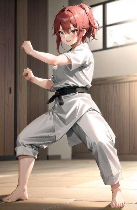 masterpiece, best quality, hdr, realistic, chromatic aberration, aizawa tomo, 1girl, full body, tsundere, bangs, blush, shy, fang, hair between eyes, red eyes, red hair, short hair, medium breast,(martial arts belt, martial arts, dougi, white kimono, fighting stance:1.4), mksts style, detailed background, dojo, indoors, wooden floor, 