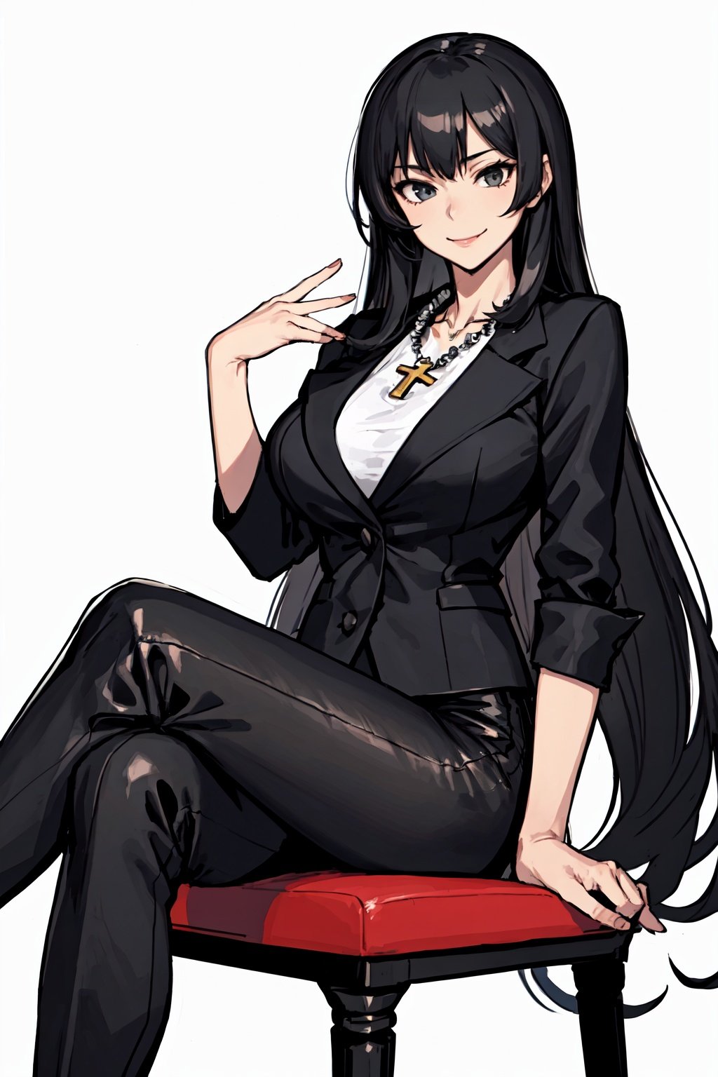 (masterpiece:1.2, best quality), 1milf, solo, fitted black blazer, High-waisted tailored pants, Pointed-toe pumps, silk blouse, statement necklace, white background, large breasts, sit on cheir, long black hair, full body, cross legs. smile, (seduce:1.15)