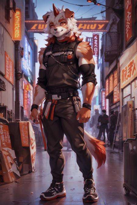 (by hioshiru, by null-ghost, by personalami, by honovy, By TheBigSlick, By phinnherz), male, solo, domestic dog, horn, hung arknights, floppy ears, paws, streetwear, looking at viewer, smile, tokyo, akihabara, neon lights, street