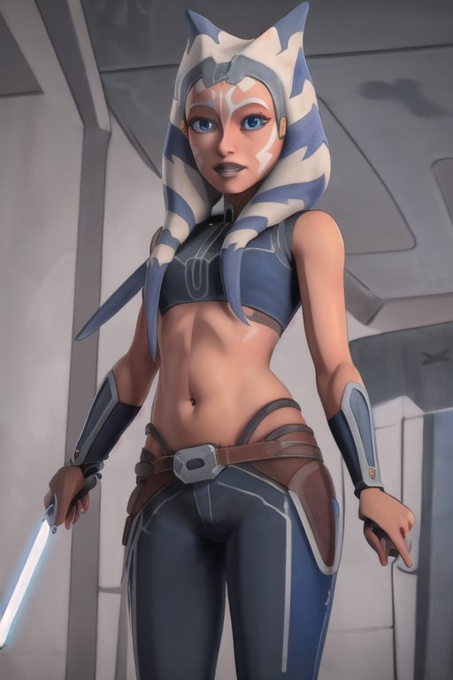 ahsokatano, (8k, RAW photo, best quality, masterpiece:1.2), (intricate details), perfect eyes, perfect face, perfect lighting, beautiful, (masterpiece:1.2), (best quality:1.2), 1woman, mature, clone wars style, solo, look at viewer, oreange skin, makeup, <lora:ahsokatano-10:0.85>, upperbody, navel, bikini