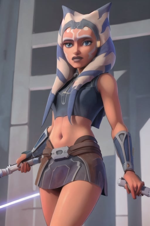 ahsokatano, (8k, RAW photo, best quality, masterpiece:1.2), (intricate details), perfect eyes, perfect face, perfect lighting, beautiful, (masterpiece:1.2), (best quality:1.2), 1woman, mature, clone wars style, solo, look at viewer, oreange skin, makeup, <lora:ahsokatano-10:0.85>, upperbody, navel, short skirt, little bra