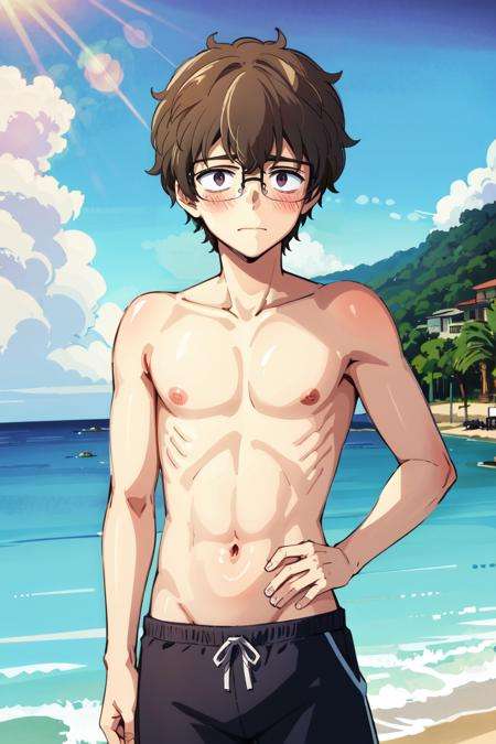 absurdres, highres, best quality, <lora:naoto:1> hachiouji naoto, 1boy, glasses, beach, topless male, swim trunks, blush, 