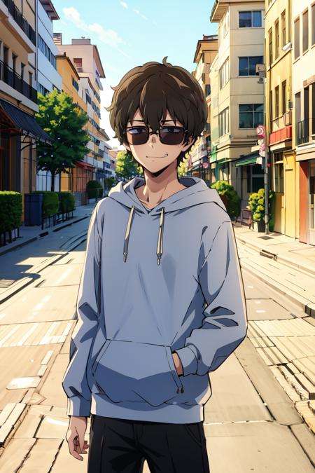 absurdres, highres, best quality, <lora:naoto:1> hachiouji naoto, 1boy, sunglasses, smug, hoodie, 