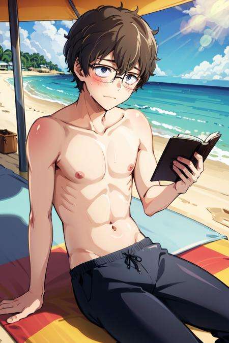 absurdres, highres, best quality, <lora:naoto:1> hachiouji naoto, 1boy, glasses, beach, topless male, swim trunks, blush, sitting, reading, sweat, beach umbrella, beach towel, 