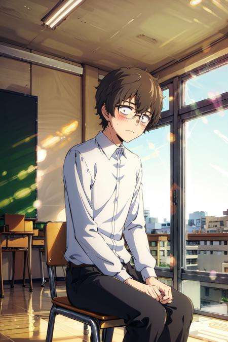 absurdres, highres, best quality, <lora:naoto:1> hachiouji naoto, 1boy, glasses, sitting, classroom, blush, white shirt, writing, school desk, 