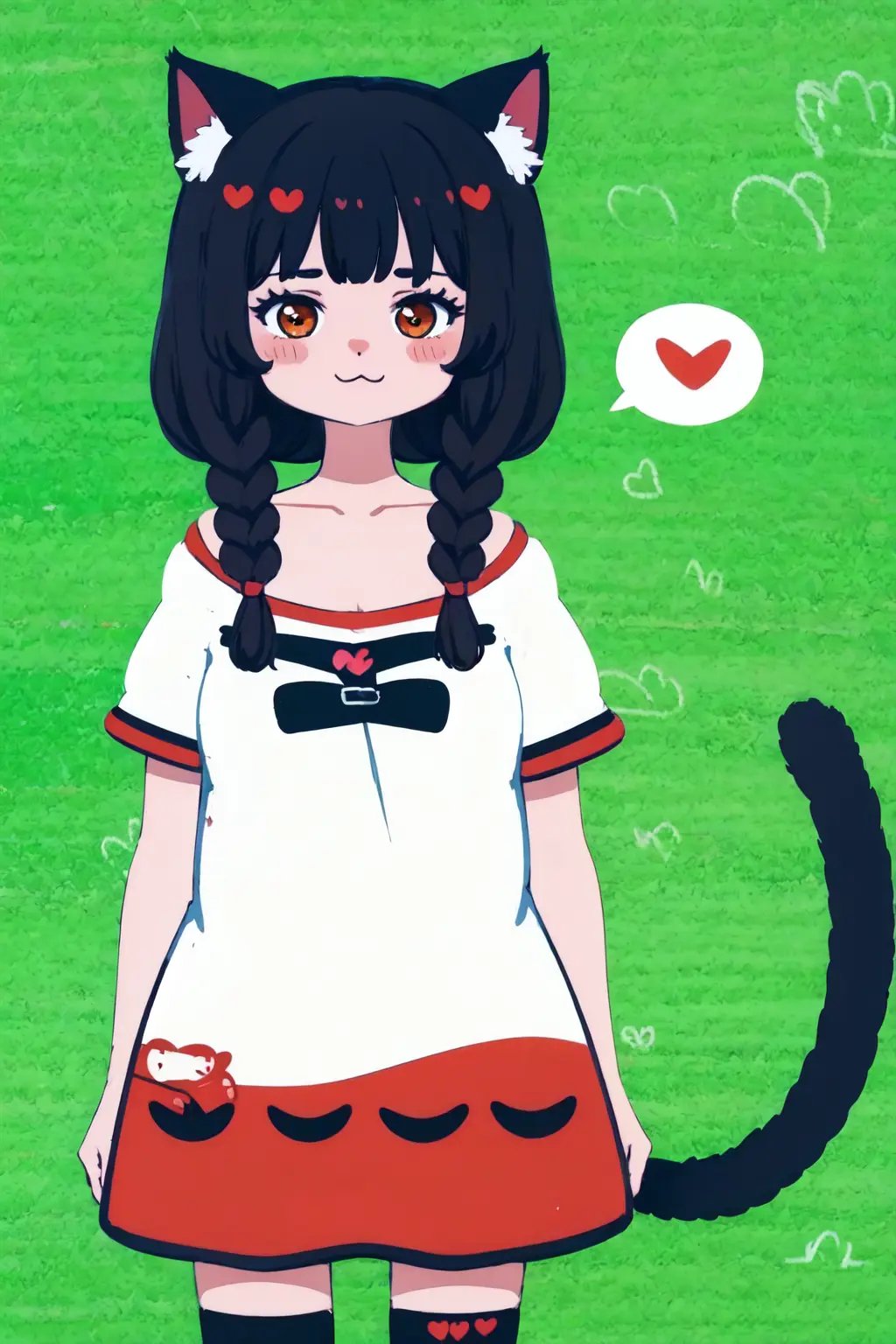 absurdres, highres, best quality,  <lora:megu-lokr (5):1> asdf123, 1girl, (spoken heart:1.3), :3, simple background, cat ears, cat tail, black hair, 