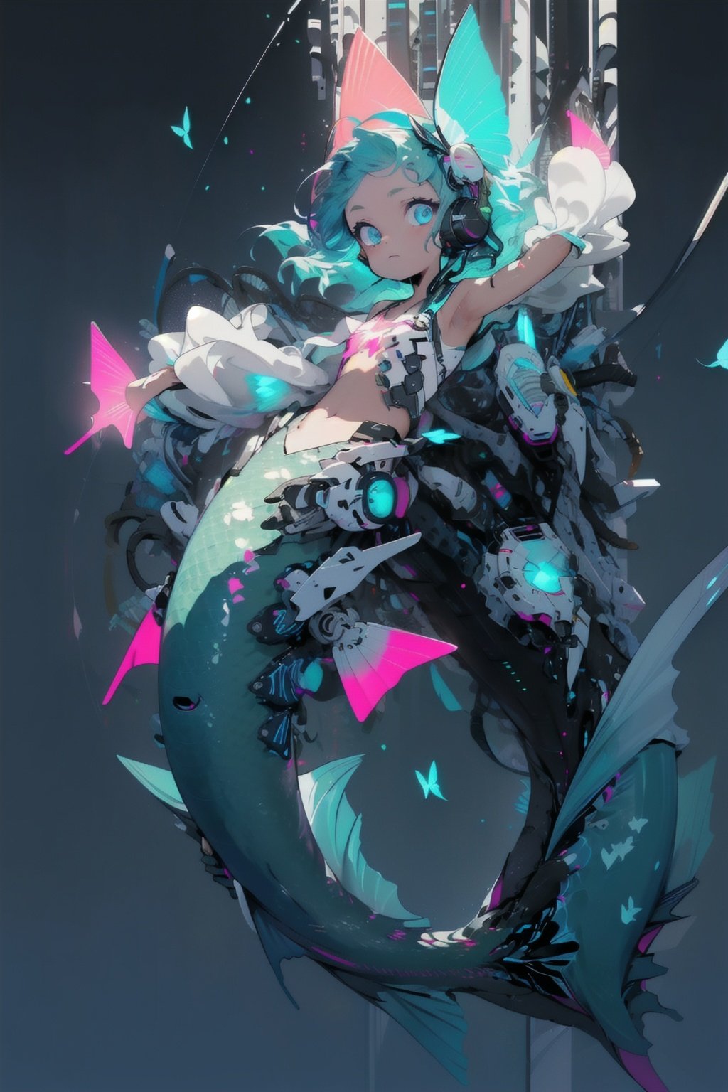 best quality,masterpiece,1girl,solo,Fish ear,Mermaid,(machine:1.1),(Mecha:1.1),(Mechanical fish tail:1.5),(Blank background:1.6),(Neon color:1.5),(Fluorescent color:1.5),(Fluorescent eye:1.1),(fin:1.2),(Fluorescent pink:1.3),(Saturation:1.5),(Laser violet:1.3),(Fluorescent Turquoise blue:1.3),(Mixed colored hair:1.2),(Human arm:1.4),Special light effect,(Floating transparent plate:1.5),laser,(Butterfly:1.4),(Data cable:1.5),(child:1.1),(The hanging fiber:1.5),