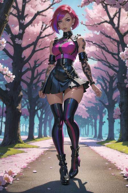 (masterpiece, best_quality, ultra-detailed, immaculate:1.3), epic, illustration, punk bad girl, 1girl, full body, [:sexy costume design,:0.2], official art, , bombshell punk hair, crimson hair with rainbow highlights, bob cut,  muted brown lighting , leather skirt, in a cherry blossom megacity, bombshell hair, magenta hair with blue-grey highlights, bombshell hime cut, arm hug<lora:EnvyBeautyMix16:1>