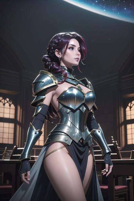 (masterpiece, best_quality, ultra-detailed, immaculate:1.3), epic, illustration, desert rune knight lord villainess, sexy armor, pauldrons, dark rainbow hair, medium hair,Long Layers, arched back, in a formal, winter library, in a  nebula, bombshell hair, muted crimson hair, Braided Updo, arm hug<lora:EnvyBeautyMix16:1>