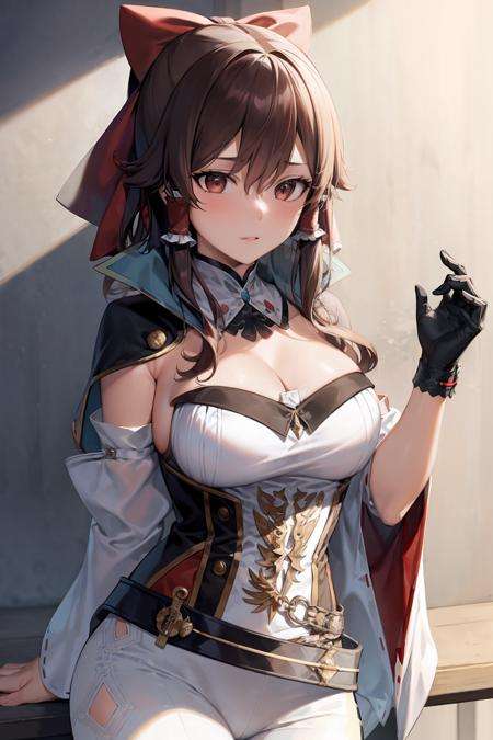 masterpiece, best quality, <lora:jean:1>,1girl,hakurei reimu,brown hair,hair bow,red bow,hair tubes, detached collar,capelet, cleavage, strapless, detached sleeves,corset, white pants,belt