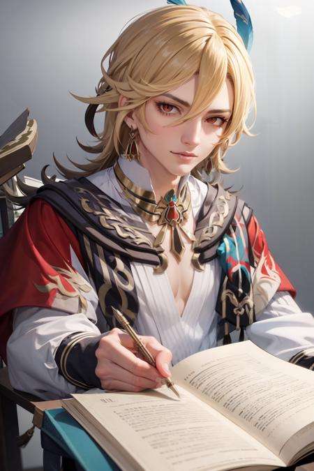 masterpiece, best quality,kaveh (genshin impact), 1boy, male focus, solo, blonde hair, looking at viewer, book, hair ornament, jewelry, long hair, holding, red eyes, earrings, feather hair ornament,  (grey background:1.4),(kbxll:0.6)