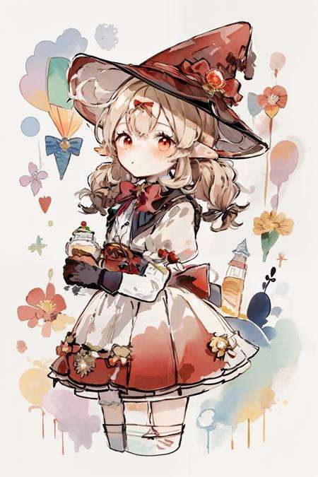 masterpiece, best quality,  <lora:klee-2-000010:1>,1girl,  <lora:0622_watercolor_loha_da16_dim64-000010:0.7>,witch hat, red hair bow,vision \(genshin impact\), sidelocks, 