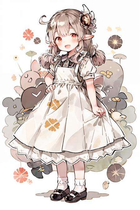 masterpiece, best quality,  <lora:klee:1>, <lora:0622_watercolor_loha_da16_dim64-000010:0.7>,1girl, sidelocks, pointy ears, maid, klee (genshin impact), maid headdress, twintails, apron, solo, bangs, ahoge, alternate costume, looking at viewer, smile, simple background, :d, maid apron, hands on hips, low twintails, light brown hair, full body, short sleeves, long hair, clover print, orange eyes, mary janes, enmaided, hair between eyes, socks, open mouth, shoes, black footwear, standing, white background, red eyes, dress, black dress, white socks, head tilt, puffy sleeves, dodoco (genshin impact), puffy short sleeves, jumpy dumpty