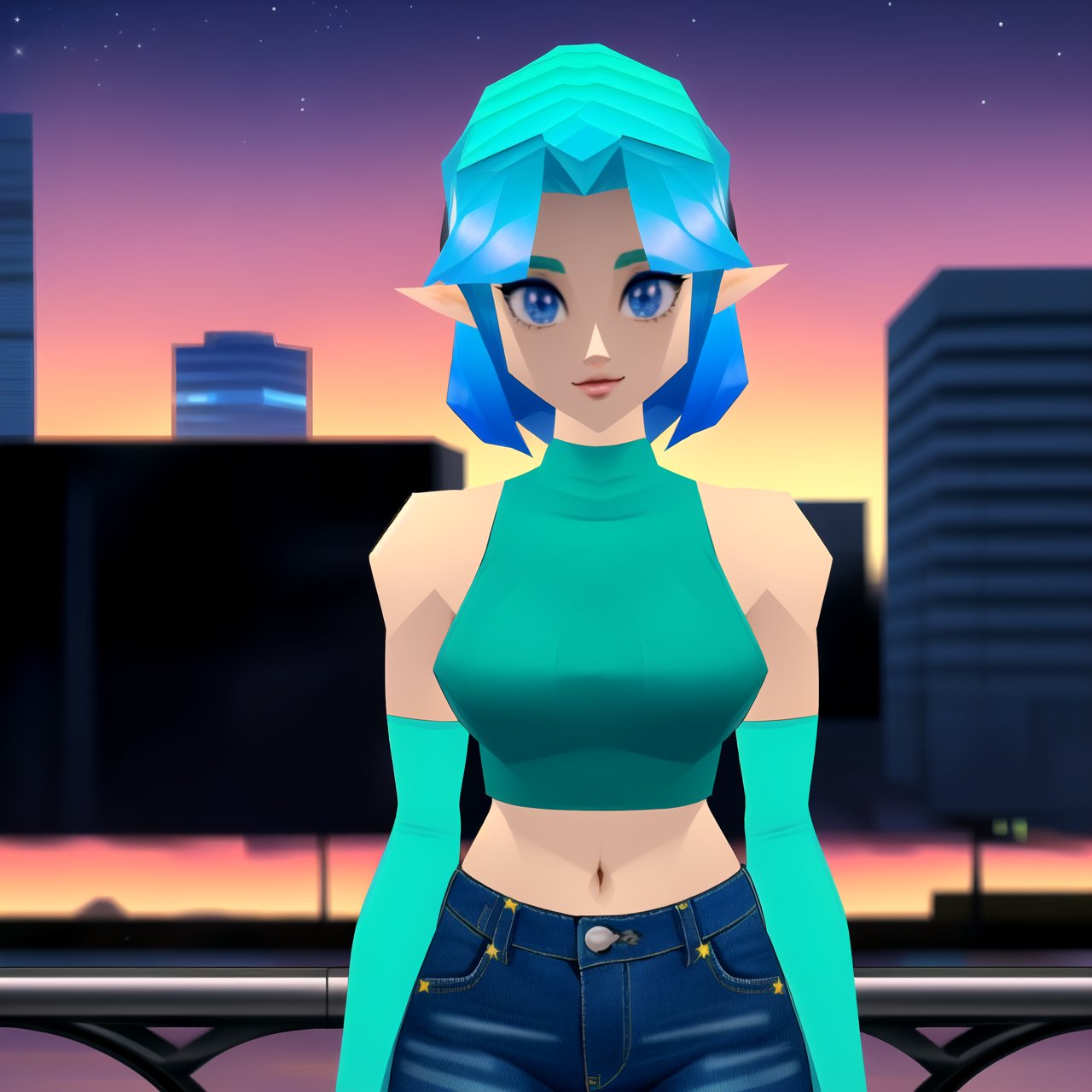 (looking at viewer:1.2), 3d, (n64style:1.3), ocarinaoftime, screenshot of a nintendo 64 game, n64, | polygonal graphics, centered, upper body, woman, masterpiece, | (beautiful detailed eyes:1.2), short hair, (aqua hair color), (light blue eyes:1.2), (blue long sleeve crop top, midriff, navel, lowleg denim jeans, | sunset, bokeh, depth of field, | Tokyo, urban, street, City, | starry sky, vaporwave color scheme ,3DMM,n64style, majorasmask