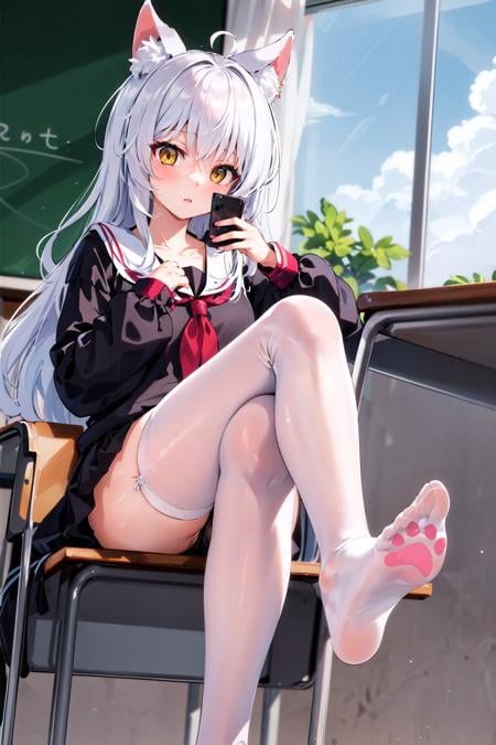 masterpiece, best quality, classroom, 1girl, sitting on desk, crossed legs, looking away, holding phone, long hair, white hair, yellow eyes, animal ears, black serafuku, black skirt, white thighhighs, feet, soles, paw print,  <lora:CatPawPrint.v0.3:0.7>