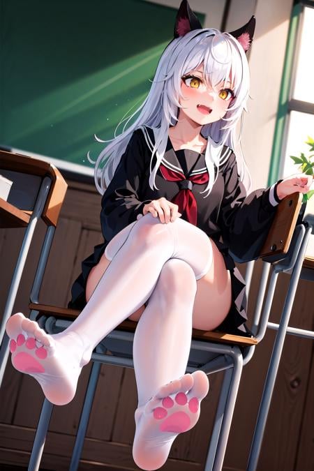 masterpiece, best quality, classroom, pov, 1girl, sitting on chair, crossed legs, looking away, laughing, long hair, white hair, yellow eyes, animal ears, black serafuku, black skirt, white thighhighs, feet, soles, paw print,  <lora:CatPawPrint.v0.3:0.7>