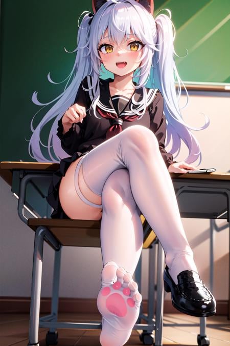 masterpiece, best quality, classroom, pov, 1girl, sitting on desk, crossed legs, looking at viewer, laughing, long hair, white hair, yellow eyes, animal ears, black serafuku, black skirt, white thighhighs, feet, soles, paw print, black loafer, shoes off,  <lora:CatPawPrint.v0.3:0.7>