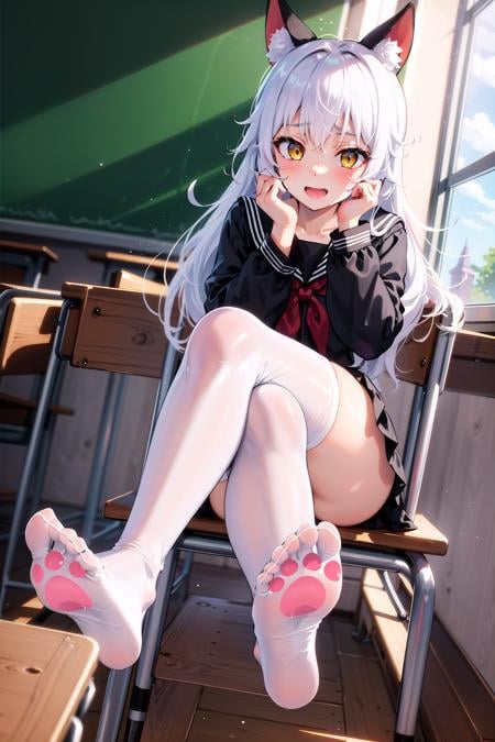 masterpiece, best quality, classroom, pov, 1girl, sitting on chair, crossed legs, looking away, laughing, long hair, white hair, yellow eyes, animal ears, black serafuku, black skirt, white thighhighs, feet, soles, paw print,  <lora:CatPawPrint.v0.3:0.7>