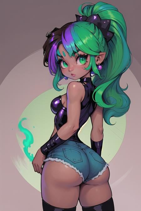 (kawaii:1.4),adorable,(chibi:1), (masterpiece, best_quality, ultra-detailed, immaculate:1.3), epic, illustration, punk rocker girl, 1girl, cute, full body, cameltoe, [:wild, casual costume design,:0.2], official art, (dark skin:1.3), bombshell punk hair, green hair with brown highlights, Twisted Bun,long hair,  matte forest green lighting , torn denim shorts, on a  plain background, bombshell hair, iridescent ultraviolet hair, Side Ponytail,short bombshell hair, battoujutsu stance<lyco:EnvyCuteMix13:1>