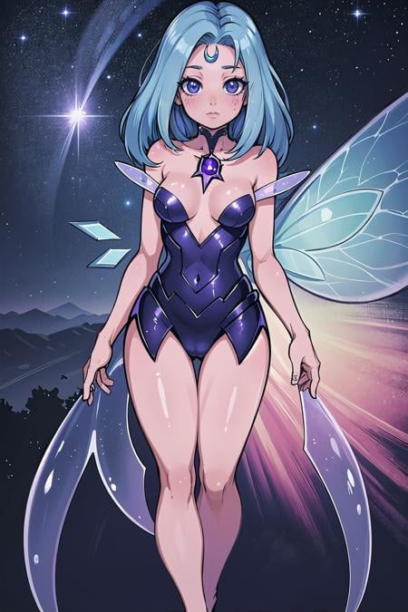 , (masterpiece, best_quality, ultra-detailed, immaculate:1.3), epic, illustration, 1girl, violet skin, Emblica arthropod girl,fairy wings, see-through gossamer, , in stellar, well-lit downtown Tokyo, bombshell hair, slate blue hair, spiked hair, arched back<lyco:EnvyCuteMix12:1>