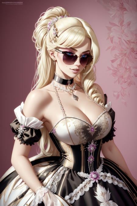 4K, Masterpiece, highres, absurdres, [ballgown|edgMarquise], edgMarquise, blonde Nadia with sunglasses and a choker,  with a edgMarquise_hairstyle, wearing a ballgown <lora:MarquiseGown:0.7> <lora:Nadia:0.45>