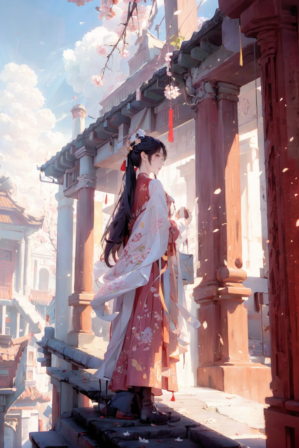 The courtyard of the ancient palace is wide and magnificent,red wall yellow tile,Showing the dignity and dignity,in a corner of the palace,1 blooming plum trees towering into the clouds,The white flowers cluster on the branches,Like a piece of snow shining in the sun,1girl,Chinese ,style,ghostdom,Xhuoguo,girl,night,Hanfu,,hanfukozue,anime