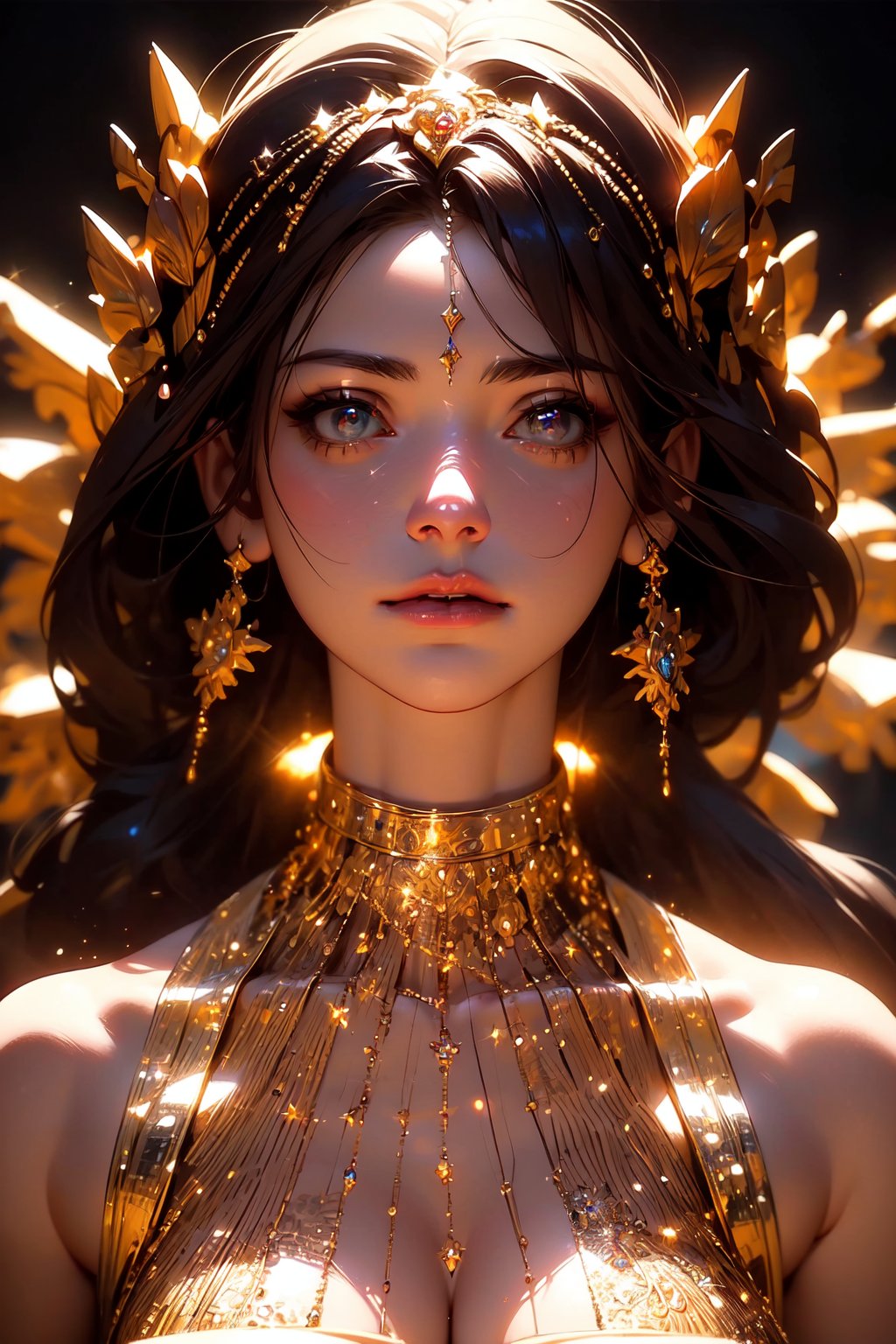 (masterpiece, best quality:1.2), 8k, insane details, intricate details, hyperdetailed, hyper quality, high detail, ultra detailed, professional, HDR, realistic, ray tracing reflection,1girl, goddess, cinematic lighting, ornate, (glitter, sparkly golden:1.2), ornament, diamond,