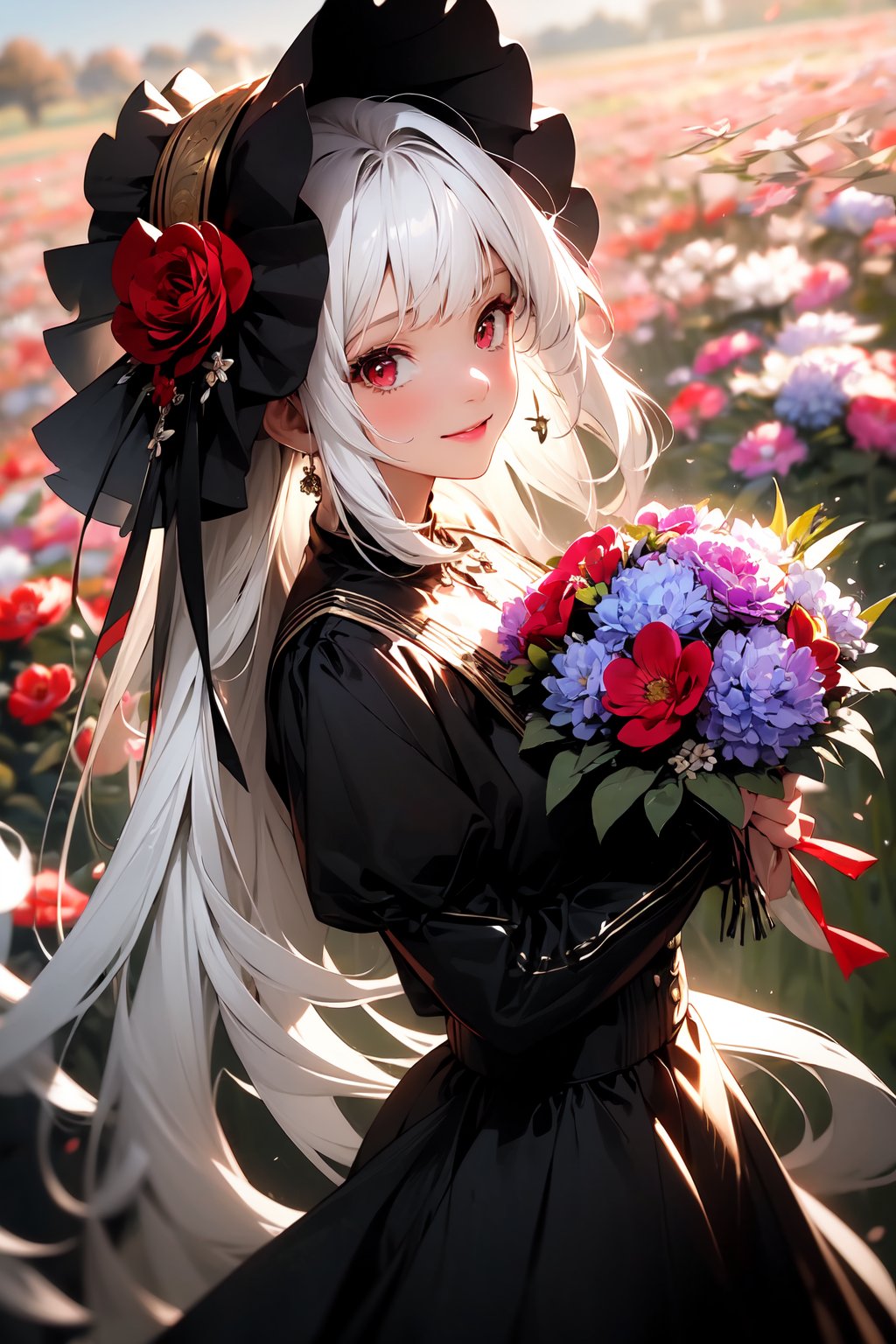 masterpiece, best quality, 1girl, solo, long_hair, looking_at_viewer, white hair, red eyes, smile, bangs, skirt, shirt, long_sleeves, hat, dress, bow, holding, closed_mouth, flower, frills, hair_flower, petals, bouquet, holding_flower, center_frills, bonnet, holding_bouquet, flower field, flower field, colorful, vivid color, blue sky, lens flare, depth of field, dutch angle