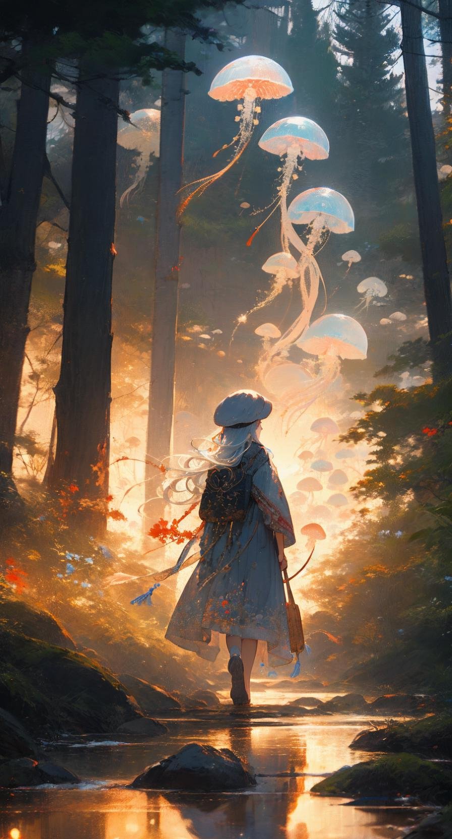 red jellyfish,jellyfishforest, 1girl, long hair, dress, solo, white hair,red hat,mushroom, nature, outdoors, tree, walking, forest, water<lora:jellyfish-noise:1> 