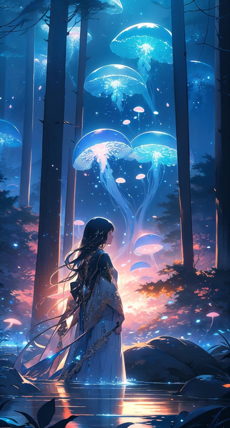 jellyfishforest, 1girl, mushroom, dress, long hair, scenery, white dress, solo, nature, water, wading, outdoors, tree, standing, black hair, fantasy, forest <lora:jellyfish-noise:1>