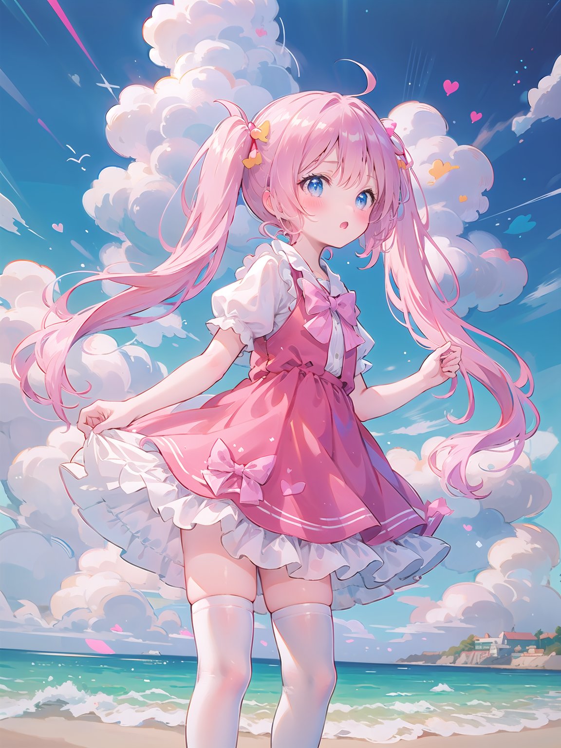 masterpiece, best quality, (loli) standing, pink frilled dress,gold long hair, twintails, (white thighhighs), bowtie, beautiful eyes, shamed, from side, blue sky,seaside, hidden hands