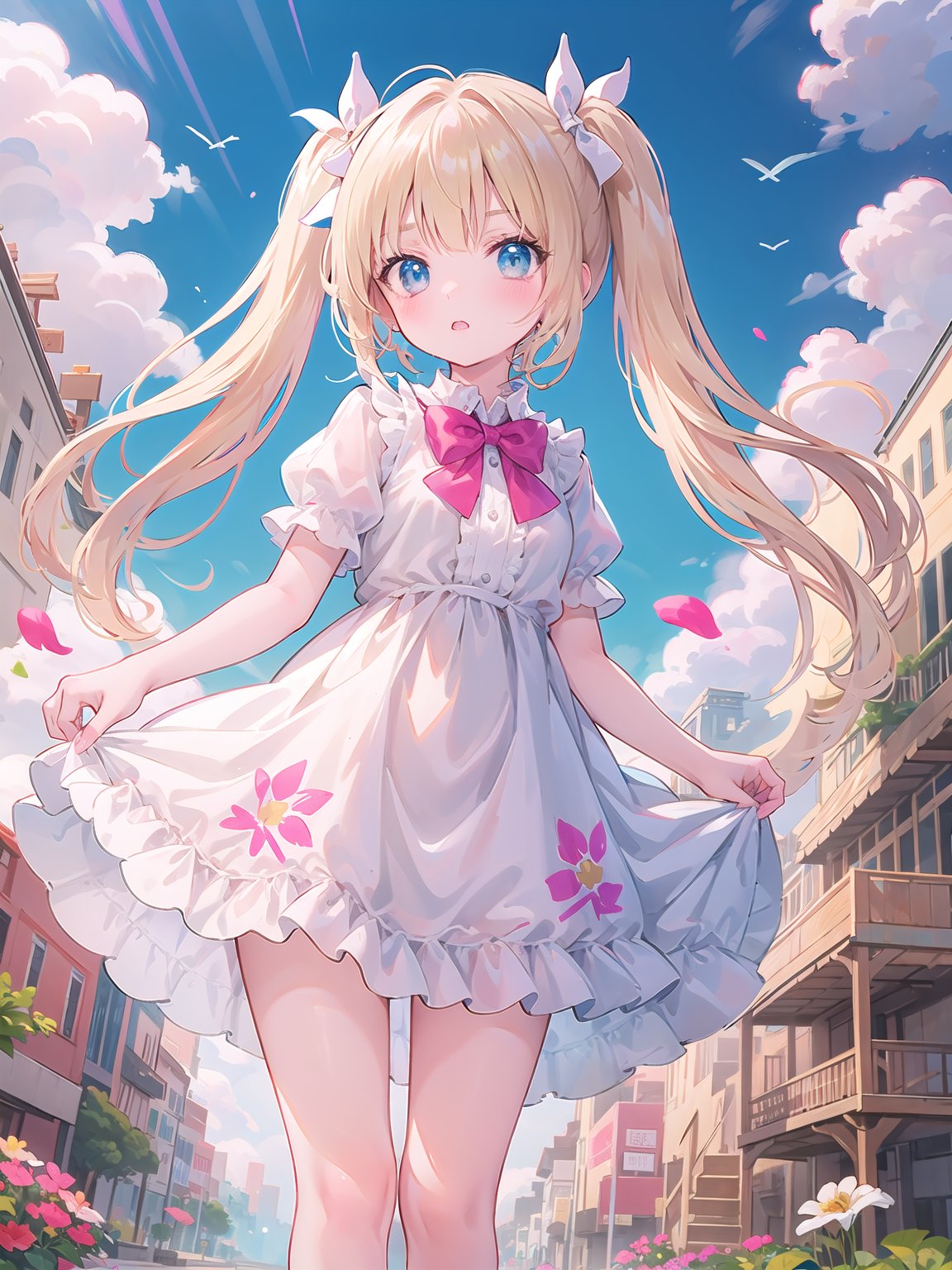 masterpiece, best quality, (loli) standing,  frilled dress,golden long hair, twintails, bowtie, beautiful eyes, shamed, dynamic angle, lost city, old buildings, sands, rabbit, flower patterned dress,crystal