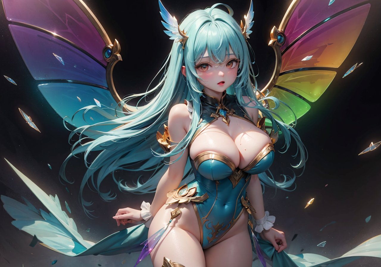 (huge glass clock background:1.3), (colorful glass clock), (lots of broken glass, floating), (all colors of rainbow,huge clock:1.2)1 girl, cowboy shot, ((long glass wings+colorful wings):1.2), (symmetrical colorful wings)bare shoulders, Medium breasts, cleavage, cute face, (colorful hair), all colors of rainbow, long hair(detailed light), (an extremely delicate and beautiful), volume light, best shadow, flash, Depth of field, dynamic angle, [nsfw:0.8], Oily skin