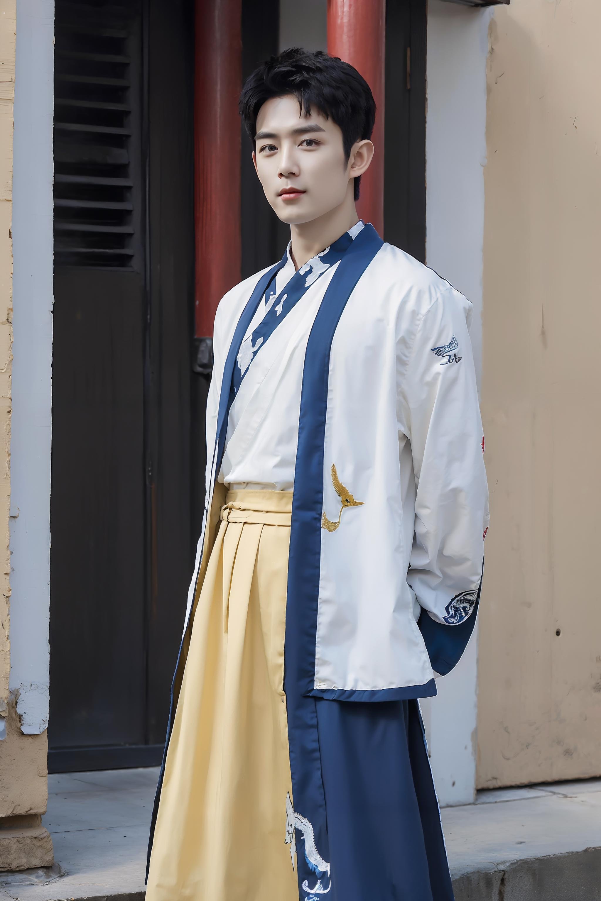 <lora:hanfu_nan:0.65>,  1boy, solo, short hair, big eyes, (white/red/black/blue print robe), (yellow/blue/white/red/black long print skirt), (yellow/blue/white/red/black print shirt),((upper body)),(standing),((looking at viewer)),outdoors,(chinese style countryard),<lora:HandsomeKoreanBoys:0.6>