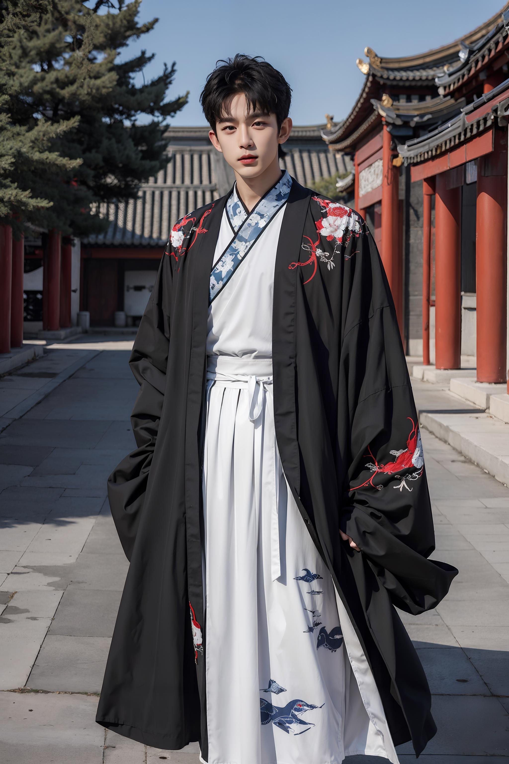 <lora:hanfu_nan:0.7>,  1boy, solo, short hair, big eyes, (blue print robe), (white long print skirt), (red print shirt),(upper body),(standing),((looking at viewer)),outdoors,(chinese style countryard),