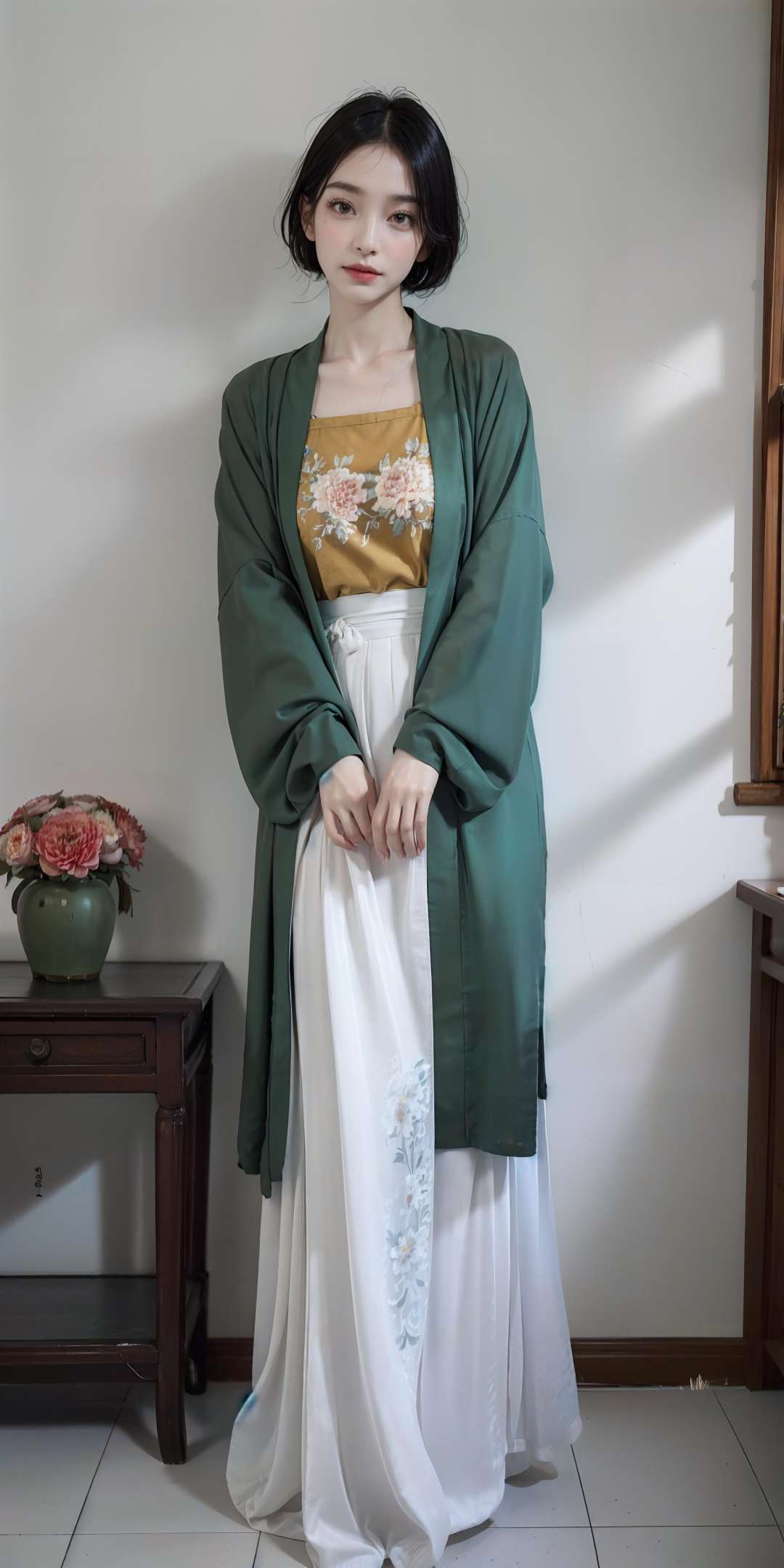 <lora:Song_HanFu:0.75>,(hanfu),(floral print:1.3),(green shirt),(white long skirt),(long sleeves),1 girl,full body,(short hair:1.1), (realistic:1.7),((best quality)),absurdres,(ultra high res),(photorealistic:1.6),photorealistic,octane render,(hyperrealistic:1.2), (photorealistic face:1.2), (8k), (4k), (Masterpiece),(realistic skin texture), (illustration, cinematic lighting,wallpaper),( beautiful eyes:1.2),((((perfect face)))),(cute),(standing),(black hair),black eyes,red lips, indoors, chinese ornaments, wooden chinese table, window, flowers, <lora:JapaneseDollLikeness_v15:0.4>,