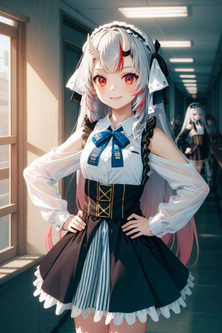 masterpiece, best quality, absurdres, perfect anatomy, 1girl, solo, Nakiri Ayame, long hair, AyameFrills, white shirt, collared shirt, long sleeves, shoulder cutouts, black skirt, high-waist skirt, blue bow, frilled hairband, indoors, corridor, standing, hands on hips, smile, cowboy shot