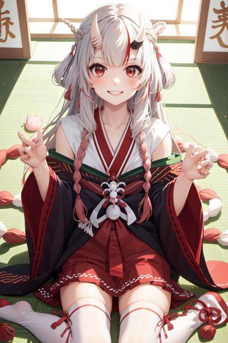 masterpiece, best quality, absurdres, perfect anatomy, 1girl, solo, Nakiri Ayame, long hair, braids, AyameShrine, japanese clothes, hakama skirt, white thighhighs, wariza, indoors, smile