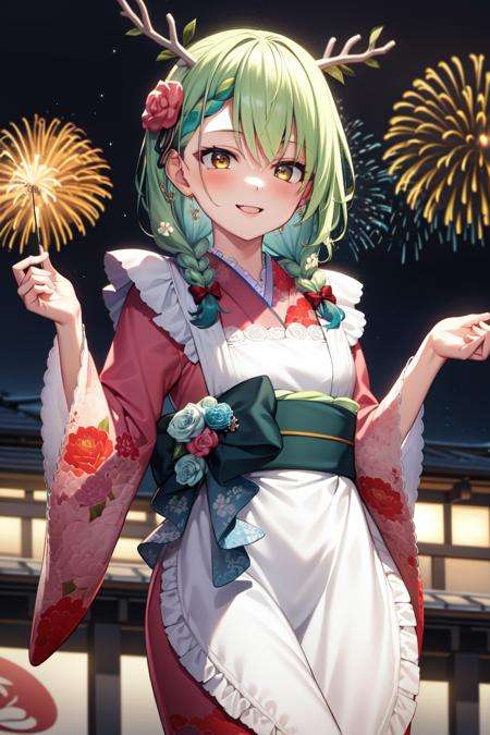 masterpiece, best quality, absurdres, perfect anatomy, 1girl, solo, Ceres Fauna, antlers, FaunaKimono, long hair, twin braids, hair ornament, pink kimono, long kimono, floral print, bow, apron, sash, festival, night, fireworks, smile