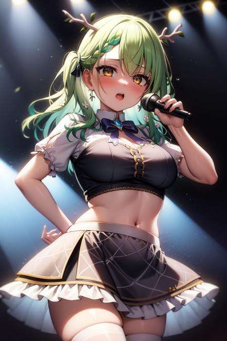 masterpiece, best quality, absurdres, perfect anatomy, 1girl, solo, Ceres Fauna, antlers, long hair, hair flower, braided bangs, large breasts, idol, idol uniform, bowtie, skirt, brooch, dress, concert, on stage, frilled skirt, jewelry, layered dress, short sleeves, ((midriff)), thighhighs, microphone, holding microphone, stage lights